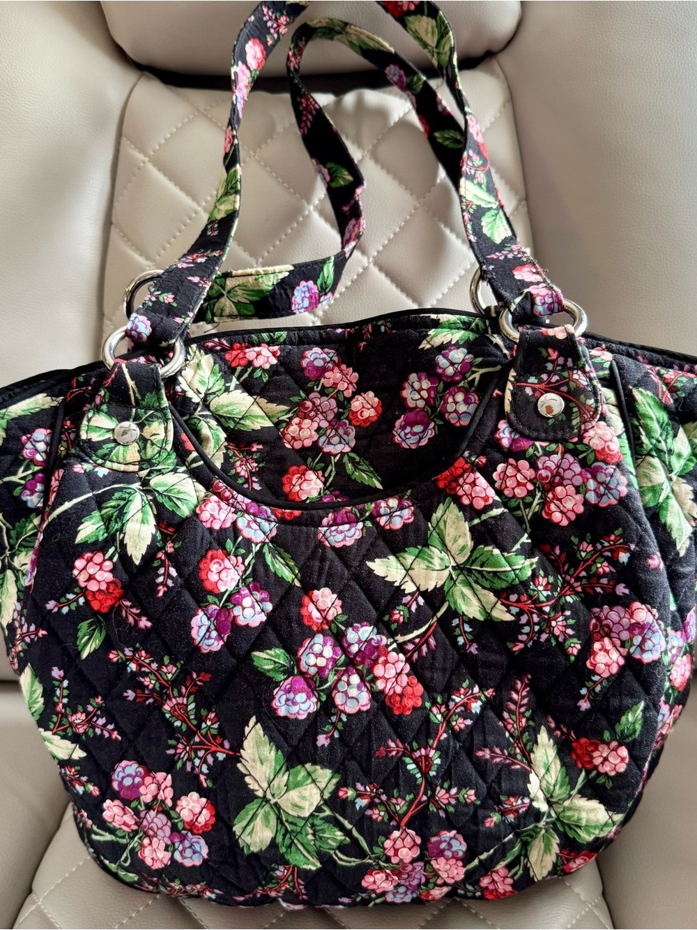 Vera Bradley Black Quilted Tote with Pink & Red Floral Print